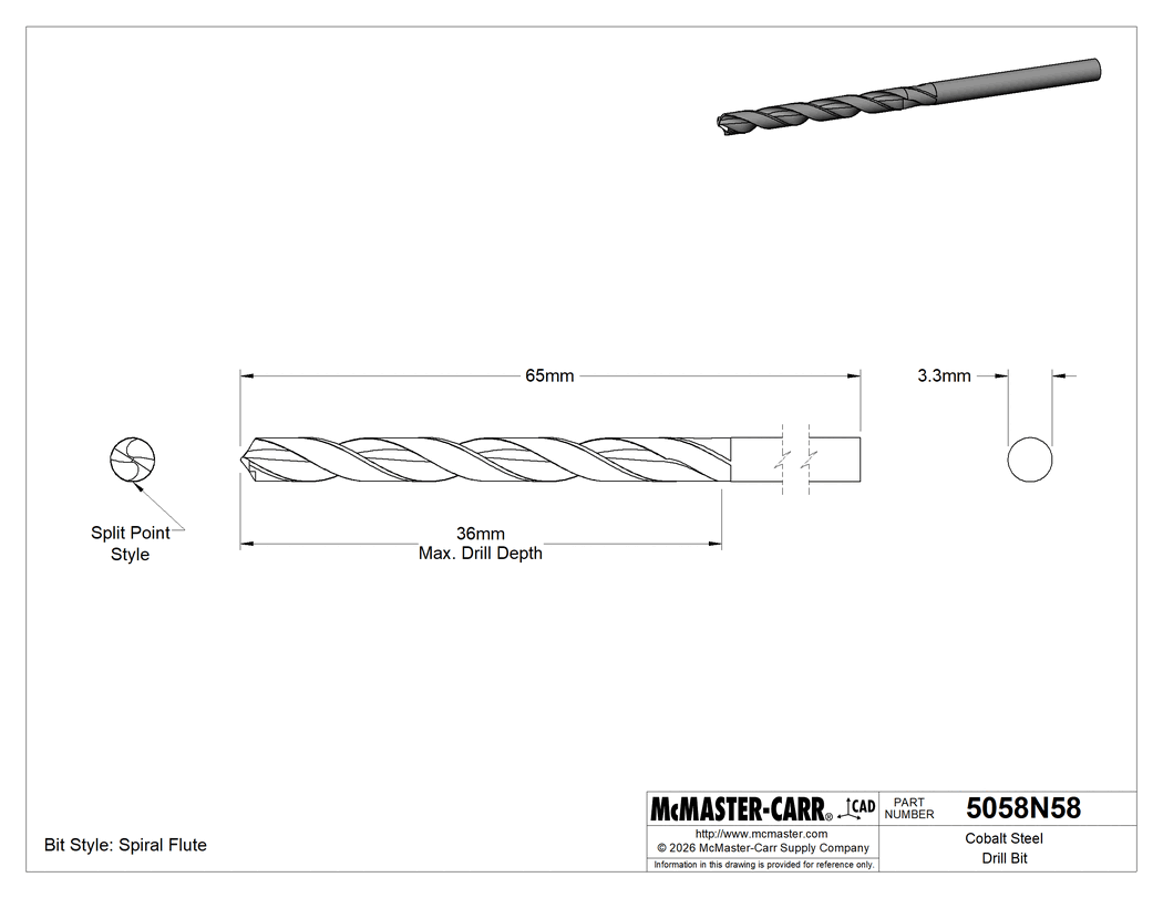 Technical Drawing of Cobalt Steel Drill Bit, TiN-Coated, Jobbers', 3.3 mm Size, 64 mm Overall Length .